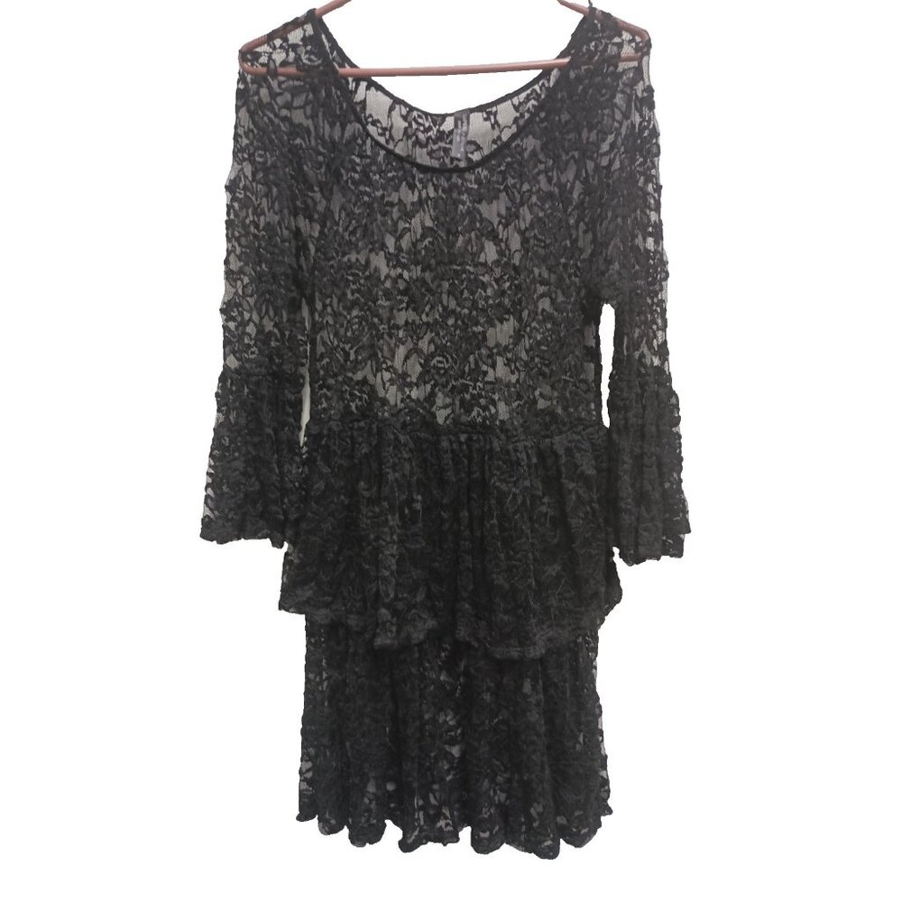 Super Nova Womens Whimsygoth Mini Dress‎ Medium Black Lace Sheer Tiered Witchy